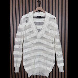 Vintage Balmain Sweatshirt 34 / S White Metallic Star Distressed V Neck Oversize